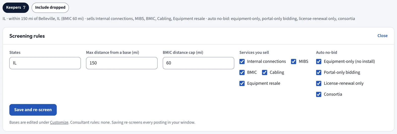 The monitor's screening rules: a one-line summary of the screen, then states, maximum distance from a base, BMIC distance cap, services you sell and automatic no-bid options for equipment-only, portal-only, license-renewal and consortium requests, with a Save and re-screen button.