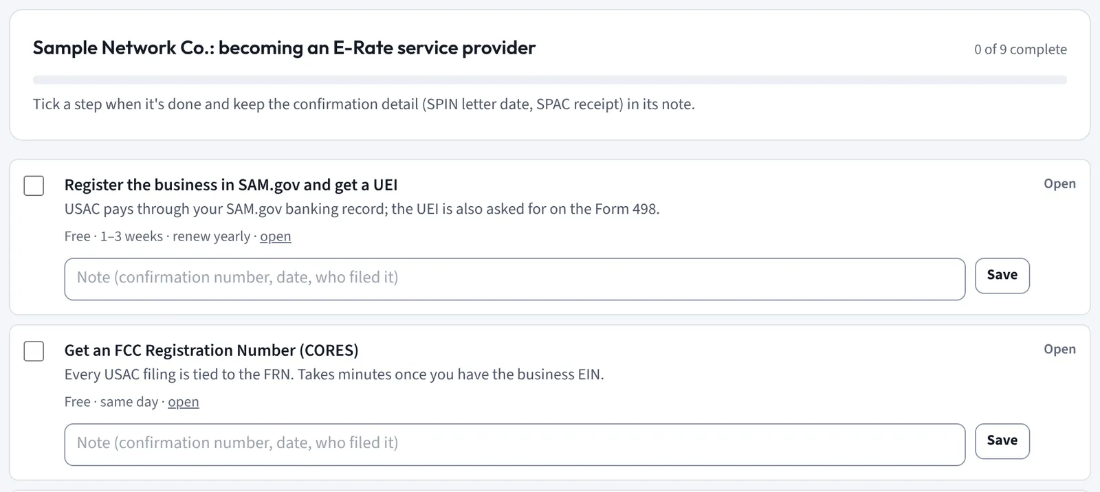 Provider Setup: becoming an E-Rate service provider, 0 of 9 complete. The first steps, register the business in SAM.gov and get a UEI, then get an FCC Registration Number, each with how long it takes, a link and a notes field.